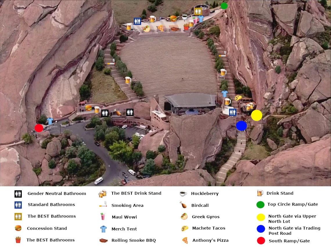 Map of Red Rocks Park grounds, with details around all in-venue amenities including concessions, bathrooms, merch, smoking and more.