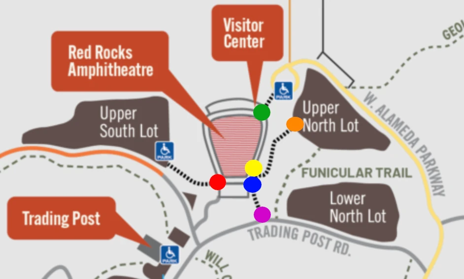 Map of Red Rocks Amphitheatre gates entrances and security lines based on where you parked