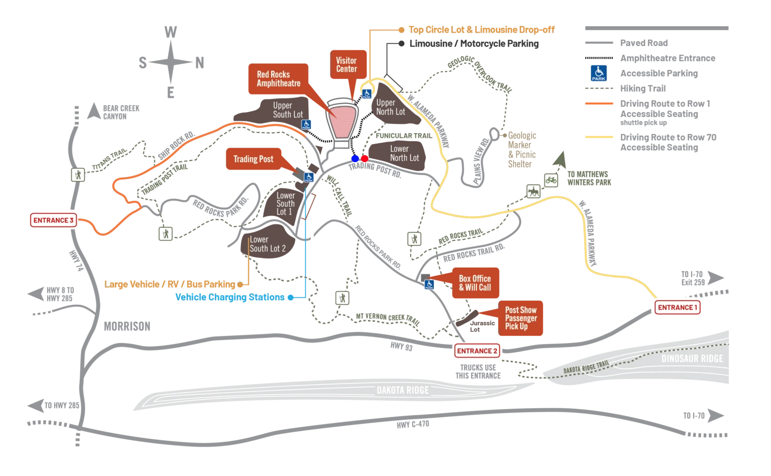 Map of Red Rocks Park grounds, with details around all parking lots, entrances, exits, and ride share drop off spots.