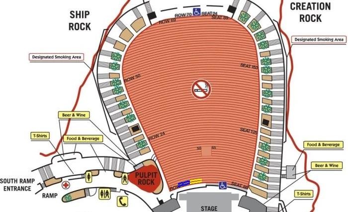 Map of Red Rocks Amphitheatre venue seating with accessibility seating identified”