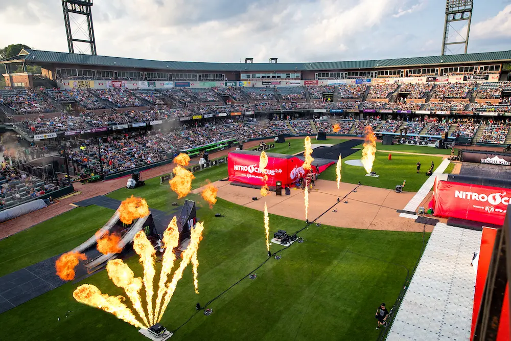 Nitrocircus set up in the middle of a baseball stadium